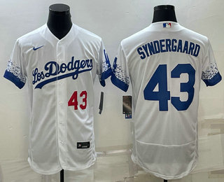 Mens Los Angeles Dodgers #43 Noah Syndergaard Number White 2022 City Connect Flex Base Stitched Jersey->->MLB Jersey